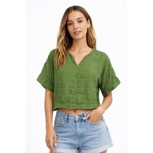 Zara Linen Popover Earth Moss Green Medium Crop Desert Boho Neutral Festival
